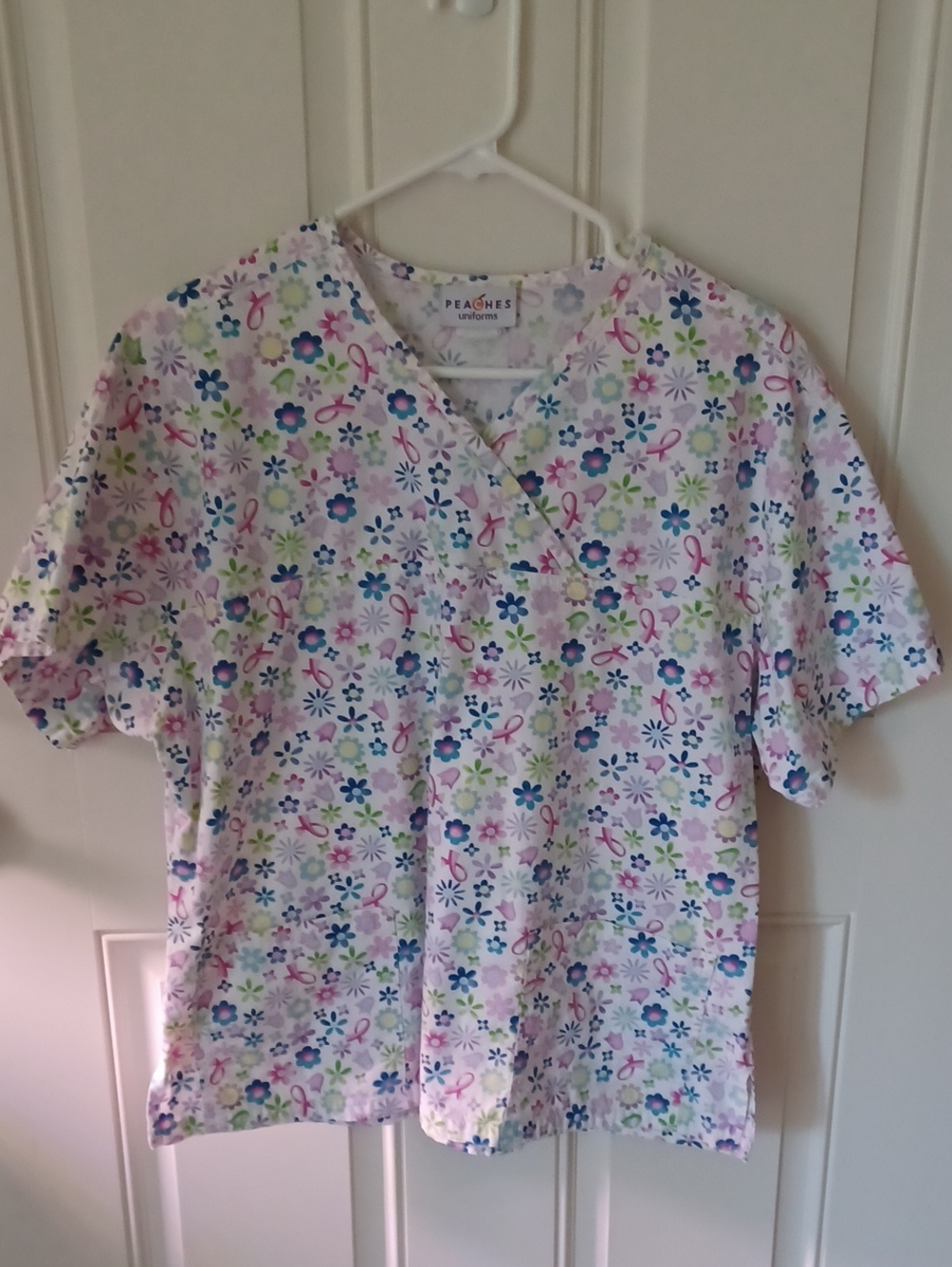 Peaches Uniforms Pink Floral Ribbon Print Scrub Top